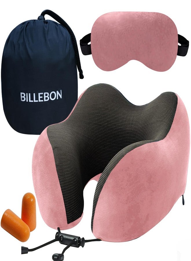 Billebon Premium Memory Foam Travel Neck Pillow Combo with Soft Eye Mask, Carry Bag, and Ear Plugs (Pink with Eye Mask) - Image 1